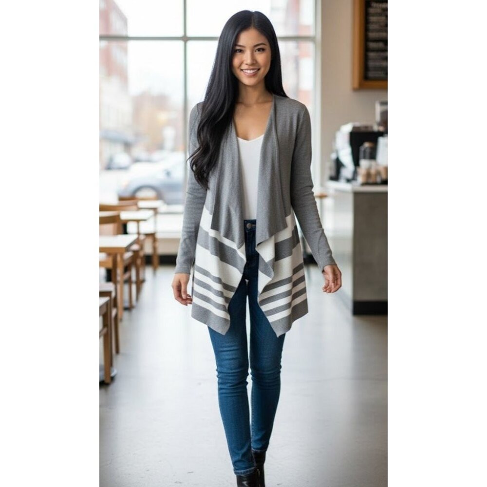 Evolution By Cyrus Gray & White Striped Open Front Cardigan Sweater Womens S